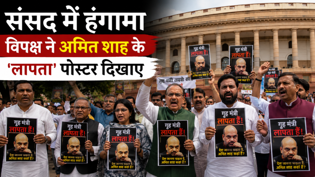 संसद में ‘लापता’ गृह मंत्री अमित शाह के पोस्टर लेकर विपक्ष का प्रदर्शन, सदन में बढ़ा सियासी हंगामा